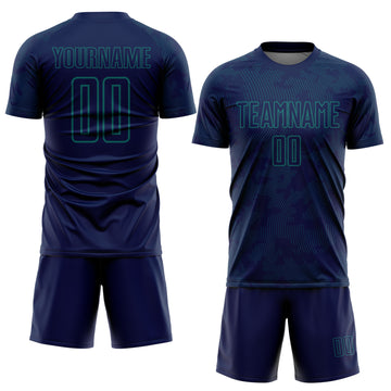 Custom Navy-Teal Curve Lines Sublimation Soccer Uniform Jersey