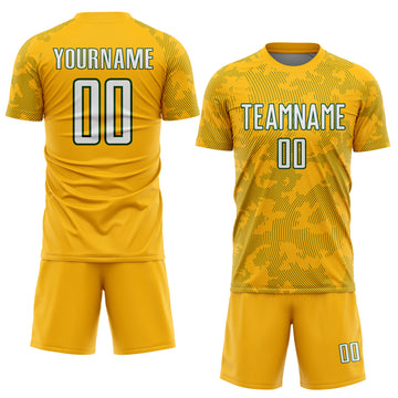 Custom Gold White-Green Curve Lines Sublimation Soccer Uniform Jersey