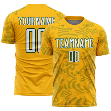 Custom Gold White-Green Curve Lines Sublimation Soccer Uniform Jersey