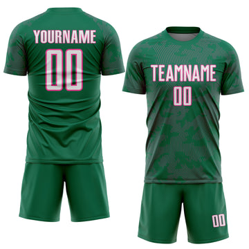 Custom Kelly Green White-Pink Curve Lines Sublimation Soccer Uniform Jersey