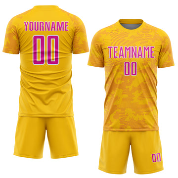 Custom Yellow Deep Pink-White Curve Lines Sublimation Soccer Uniform Jersey