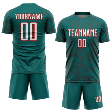 Custom Teal White-Red Curve Lines Sublimation Soccer Uniform Jersey