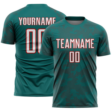Custom Teal White-Red Curve Lines Sublimation Soccer Uniform Jersey