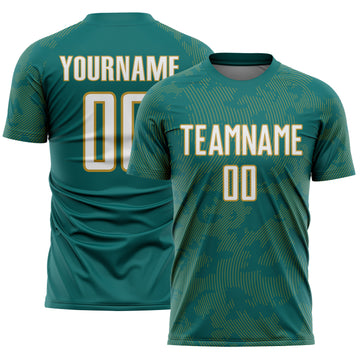 Custom Teal White-Old Gold Curve Lines Sublimation Soccer Uniform Jersey