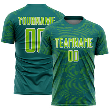 Custom Teal Neon Green-White Curve Lines Sublimation Soccer Uniform Jersey