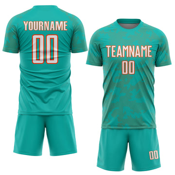 Custom Aqua White-Orange Curve Lines Sublimation Soccer Uniform Jersey