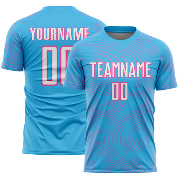 Custom Sky Blue White-Pink Curve Lines Sublimation Soccer Uniform Jersey