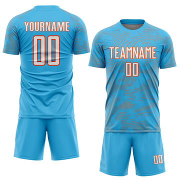 Custom Sky Blue White-Orange Curve Lines Sublimation Soccer Uniform Jersey