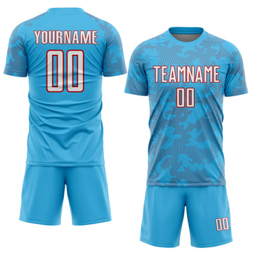 Custom Sky Blue White-Red Curve Lines Sublimation Soccer Uniform Jersey