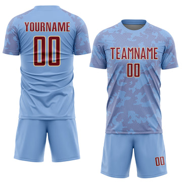 Custom Light Blue Crimson-Cream Curve Lines Sublimation Soccer Uniform Jersey