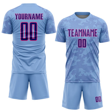 Custom Light Blue Dark Purple-Pink Curve Lines Sublimation Soccer Uniform Jersey