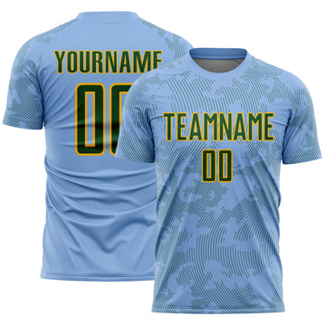 Custom Light Blue Green-Gold Curve Lines Sublimation Soccer Uniform Jersey
