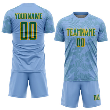 Custom Light Blue Kelly Green-Gold Curve Lines Sublimation Soccer Uniform Jersey