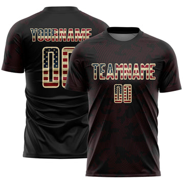 Custom Black Vintage USA Flag Crimson-Cream Curve Lines Sublimation Soccer Uniform Jersey