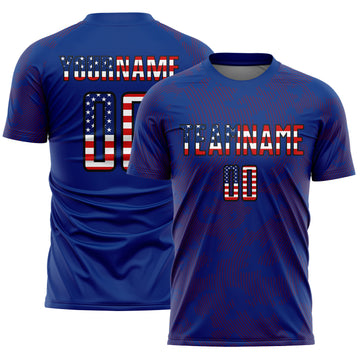 Custom Royal USA Flag Red-Black Curve Lines Sublimation Soccer Uniform Jersey