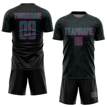 Custom Black Pink-Teal Curve Lines Sublimation Soccer Uniform Jersey
