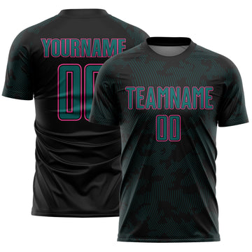 Custom Black Pink-Teal Curve Lines Sublimation Soccer Uniform Jersey