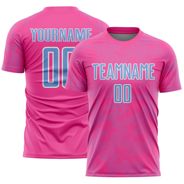 Custom Pink Light Blue-White Curve Lines Sublimation Soccer Uniform Jersey