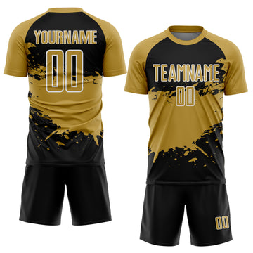 Custom Old Gold Black-White Splash Color Block Sublimation Soccer Uniform Jersey