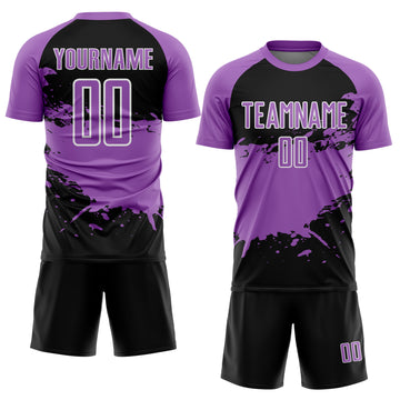 Custom Medium Purple Black-White Splash Color Block Sublimation Soccer Uniform Jersey