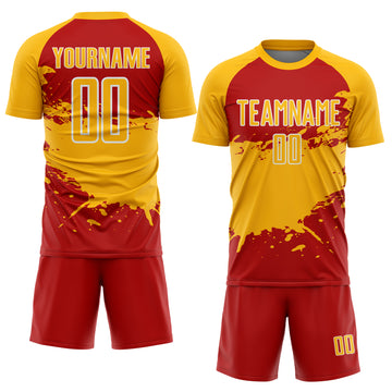 Custom Gold Red-White Splash Color Block Sublimation Soccer Uniform Jersey