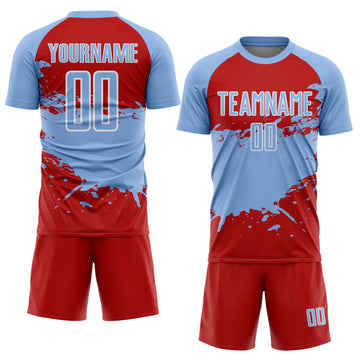 Custom Light Blue Red-White Splash Color Block Sublimation Soccer Uniform Jersey
