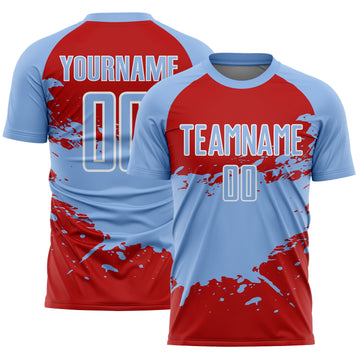Custom Light Blue Red-White Splash Color Block Sublimation Soccer Uniform Jersey