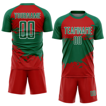 Custom Kelly Green Red-White Splash Color Block Sublimation Soccer Uniform Jersey