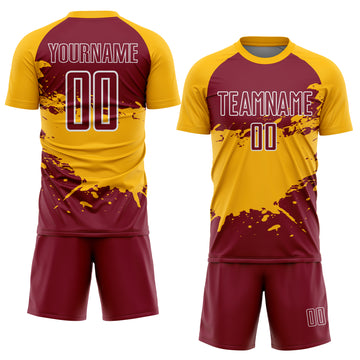 Custom Gold Crimson-White Splash Color Block Sublimation Soccer Uniform Jersey