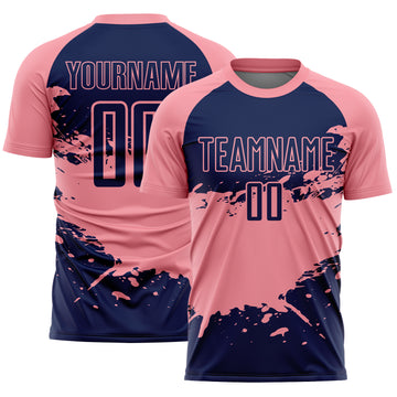 Custom Medium Pink-Navy Splash Color Block Sublimation Soccer Uniform Jersey