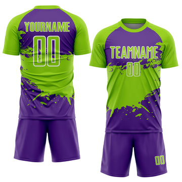 Custom Neon Green Purple-White Splash Color Block Sublimation Soccer Uniform Jersey