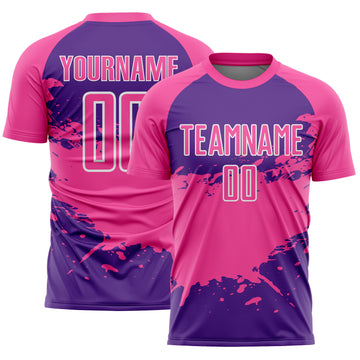 Custom Pink Purple-White Splash Color Block Sublimation Soccer Uniform Jersey