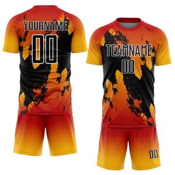 Custom Red Black Gold-White Gradient Splash Sublimation Soccer Uniform Jersey