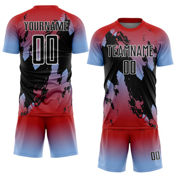 Custom Red Black Light Blue-White Gradient Splash Sublimation Soccer Uniform Jersey