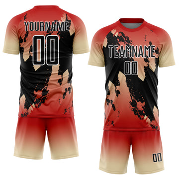 Custom Red Black Cream-White Gradient Splash Sublimation Soccer Uniform Jersey