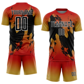 Custom Red Black Old Gold-White Gradient Splash Sublimation Soccer Uniform Jersey