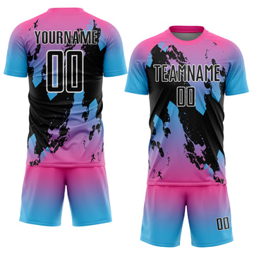 Custom Pink Black Sky Blue-White Gradient Splash Sublimation Soccer Uniform Jersey