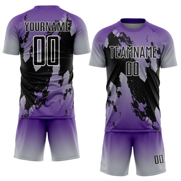 Custom Purple Black Gray-White Gradient Splash Sublimation Soccer Uniform Jersey