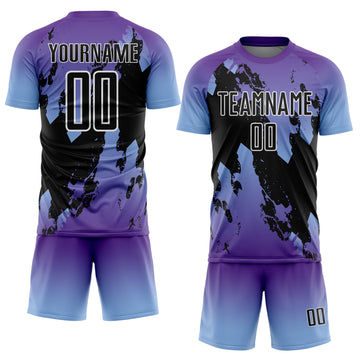 Custom Purple Black Light Blue-White Gradient Splash Sublimation Soccer Uniform Jersey