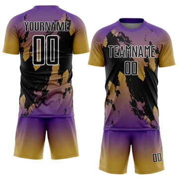 Custom Purple Black Old Gold-White Gradient Splash Sublimation Soccer Uniform Jersey