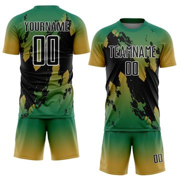 Custom Kelly Green Black Old Gold-White Gradient Splash Sublimation Soccer Uniform Jersey