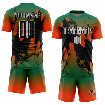 Custom Kelly Green Black Orange-White Gradient Splash Sublimation Soccer Uniform Jersey
