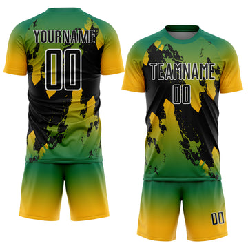 Custom Kelly Green Black Gold-White Gradient Splash Sublimation Soccer Uniform Jersey