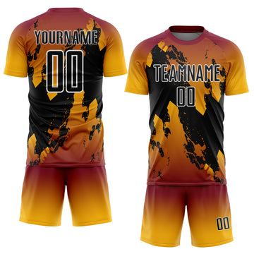 Custom Crimson Black Gold-White Gradient Splash Sublimation Soccer Uniform Jersey