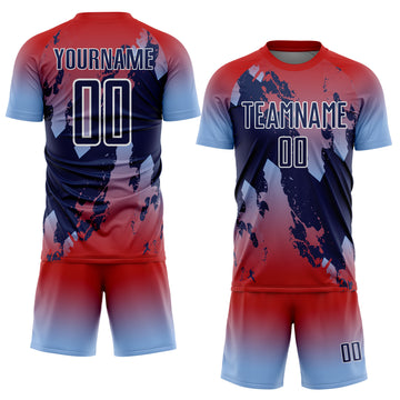 Custom Red Navy Light Blue-White Gradient Splash Sublimation Soccer Uniform Jersey
