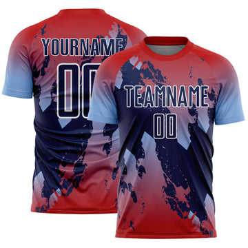 Custom Red Navy Light Blue-White Gradient Splash Sublimation Soccer Uniform Jersey