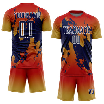 Custom Red Navy Old Gold-White Gradient Splash Sublimation Soccer Uniform Jersey