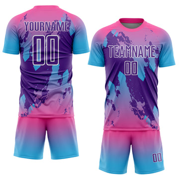 Custom Pink Purple Sky Blue-White Gradient Splash Sublimation Soccer Uniform Jersey