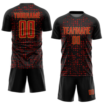 Custom Black Red-Old Gold Digital Geometric Fragment Speckles Sublimation Soccer Uniform Jersey
