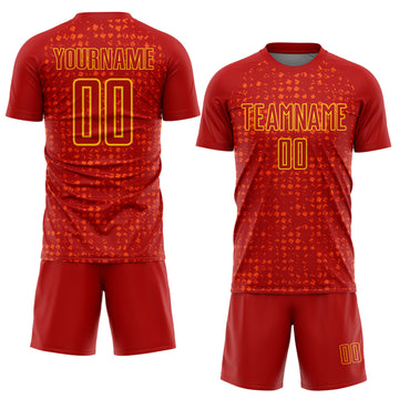 Custom Red Gold-Orange Digital Geometric Fragment Speckles Sublimation Soccer Uniform Jersey